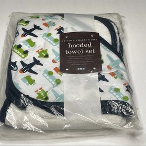 JJ Cole Collection Hooded Towel Washcloth Set Baby Airplanes & Trains White Blue